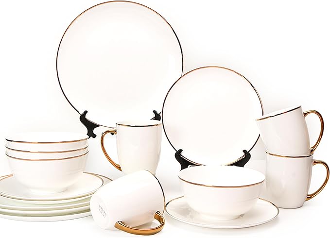 Bone China Dinnerware Set for 4 16 Pc Round Dinner Set with Mugs - Porcelain and Microwave Safe - KOKEN