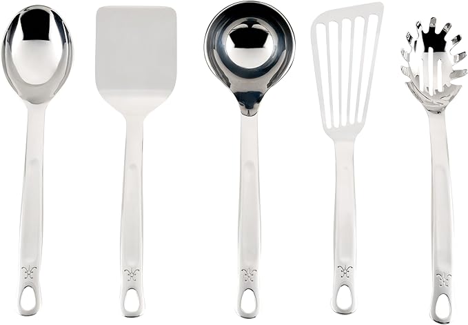 Hestan Provisions Chef's Tools Essential Set (5-Piece) Stainless Steel Solid Spoon Ladle Pasta Fork Turner/Spatula Fish Spatula