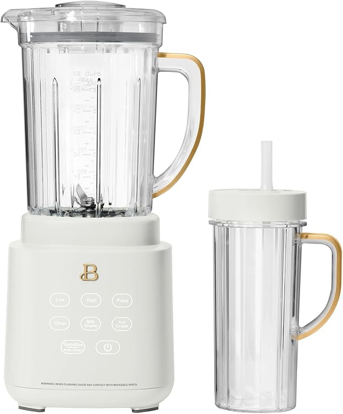 B PowerExact High-Performance 700-Watt Blender System by Drew Barrymore 50-Ounce Pitcher Stainless 4-Tip Blade 3 Speeds + 4 Presets Dishwasher-Safe Parts Travel Cup Included