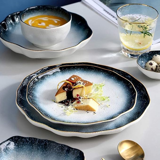 Palace Style Porcelain Dinner Set Plates Bowl Ceramic Dinnerware Set 32 Piece Blue Gradient Snowflake Glaze Porcelain Dish Cereals Bowl Tableware Set