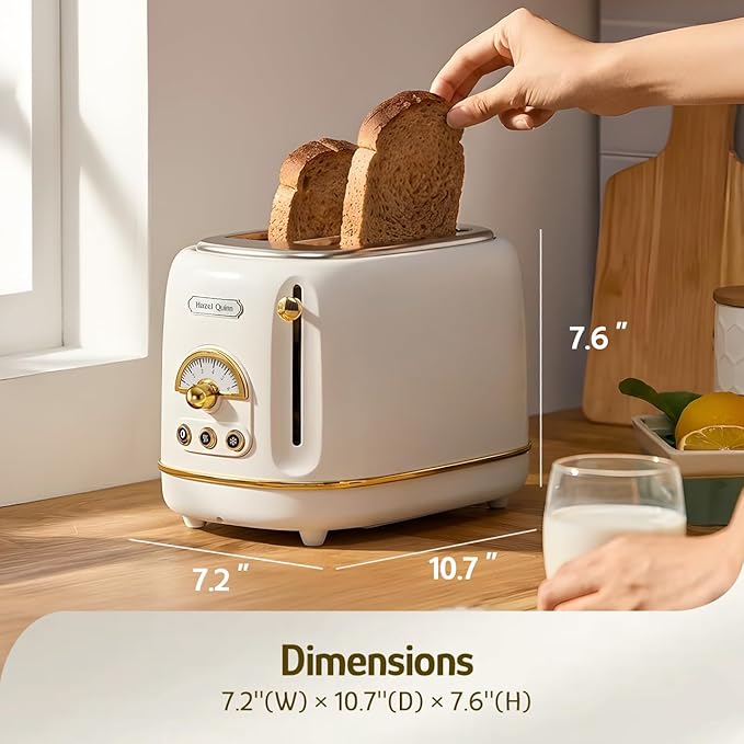 Hazel Quinn 2-Slice Retro Toaster 6 Browning Levels 3 Functions-Defrost/Reheat/Cancel Removable Crumb Tray for Easy to Clean 1.5 Inches Extra Wide Slots - Pearl White