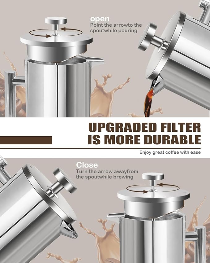 French Press Coffee Maker304 Stainless Steel Coffee Press with scale lines and 2 Extra Filters for Kitchen &amp Camping (Silver 34 OZ) 1 Litre
