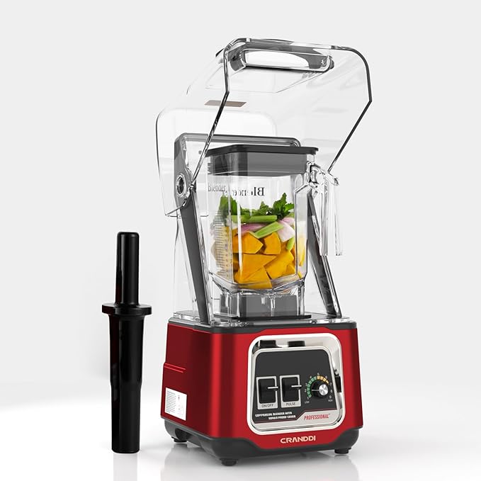 CRANDDI Professional Smoothie Blender 2200W Commercial Soundproof Quiet blender with Removable Soundproof Shield for Crushing Ice MilkShakes Puree Self-Cleaning 50oz 110V K80 (Red)