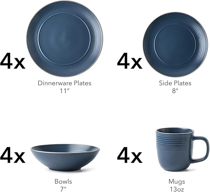 RINGAR Round Stoneware 16pc Dinnerware Set of 4 Dinner Plates Side Plates Cereal Bowls Mugs - Speckle Matte Blue (428051)