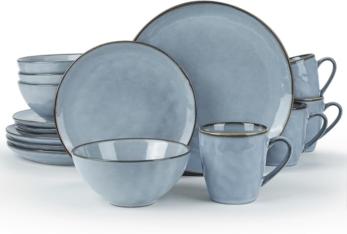 Famiware Ocean Round Plates and Bowls Sets for Kitchen 16-Piece Dinnerware Sets for 4 Mug Set for 4 Reactive Glaze Blue