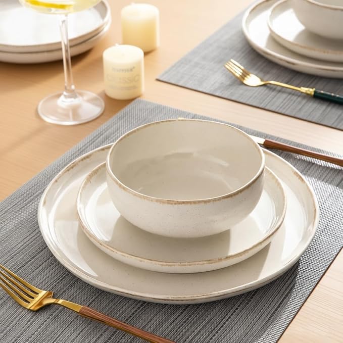 AmorArc Ceramic Dinnerware Sets Wavy Rim Stoneware Plates and Bowls Sets Highly Scratch Resistant | Dishwasher &amp Microwave Dishes set Service for 6 (18pc)-Speckled Cappuccino