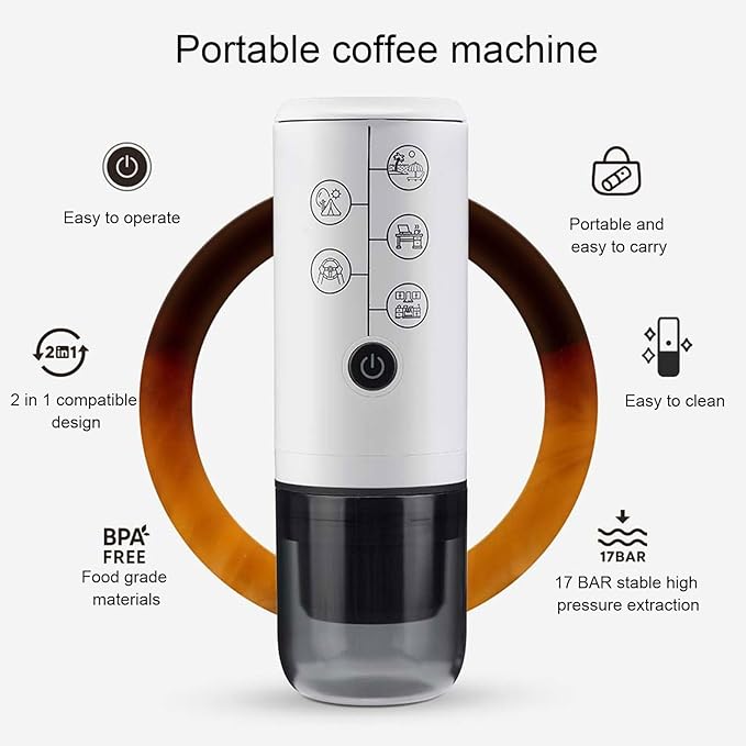 ciciglow Portable Coffee Machine Travel Cordless Automatic Coffee Maker with Capsule Compatible with Ground and Capsule for Outdoor Office Car 17 Bar Pressure System
