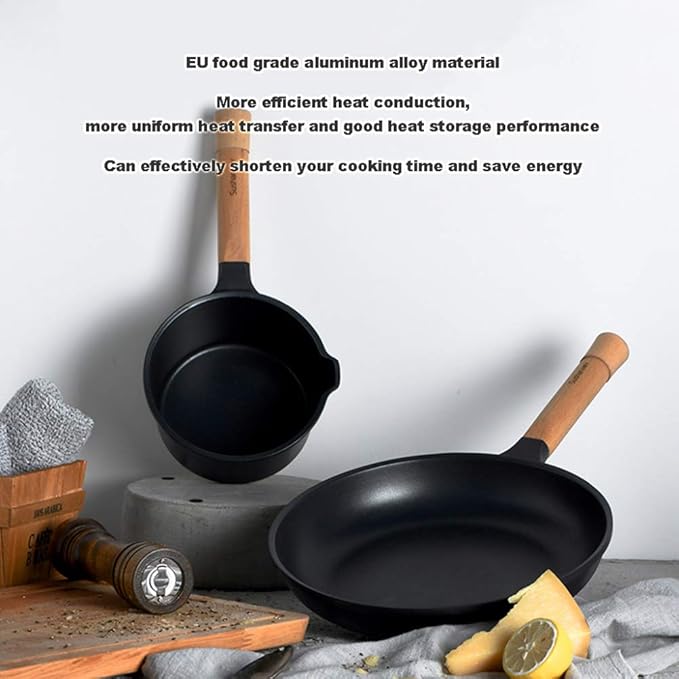 Cooking Pot 3-Pc Non-Stick Pan Set Wok Frying Pan Milk Pot Cooking Utensils Set with Beech Handle Strong and Sturdy