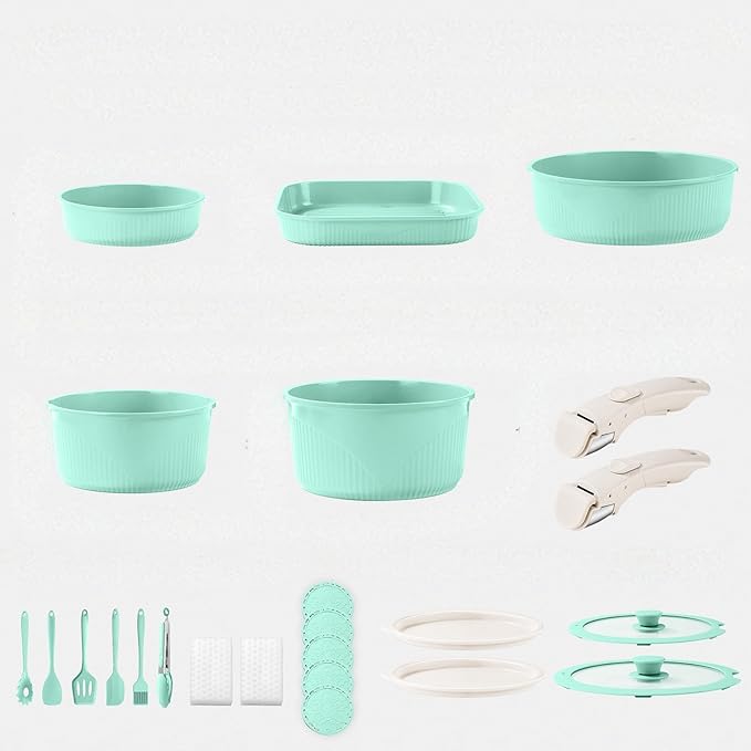 24-Piece Non-Stick Cookware Set with Stackable Storage Kitchen Collection Including 8-10 Inch Skillets Casserole Dish Removable Handle Utensils Silicone Mat Storage Lid (Green)