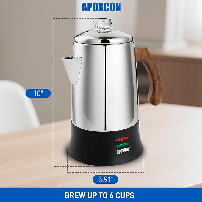 Electric Coffee Percolator Stainless Steel Coffee Maker with Tough Glass Clear Brew Progress Knob &amp On/OFF Switch Keep Warm Cordless Serve for Home and Hotel Room Use Gift Box Packaging 6 Cup
