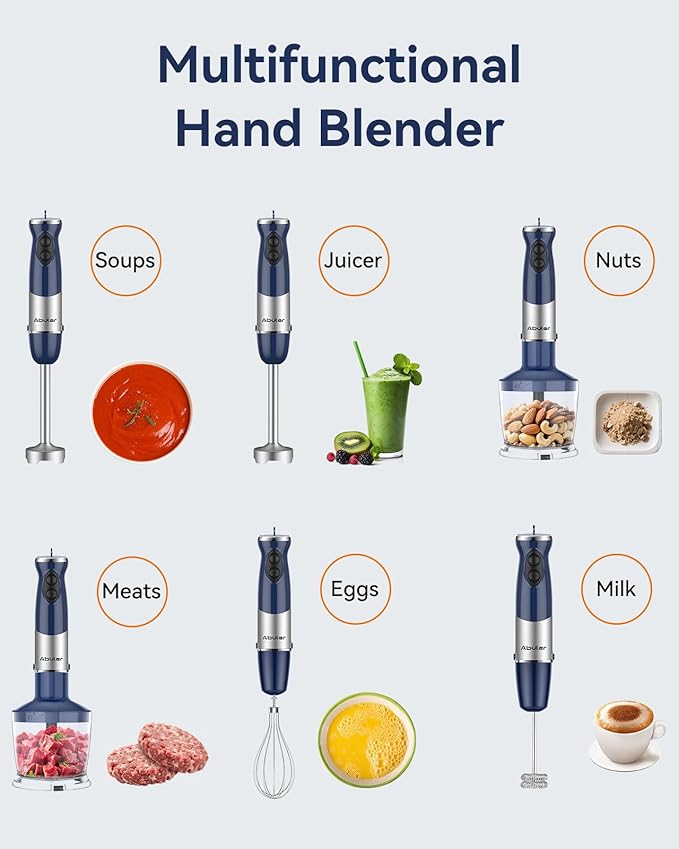 Immersion Blender Handheld 1000W 5 in 1 Corded Stick Hand Blender Kitchen with 12 Speed BPA-Free Mixing Beaker Chopper Whisk Milk Frother Perfect Emulsifier for Soup Baby Food Sauce Puree