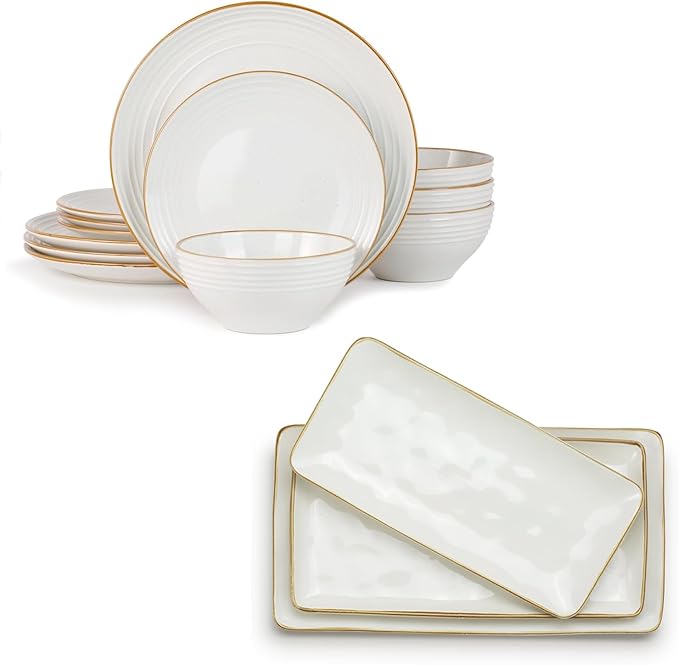 Famiware Jupiter Plates and Bowls Sets + 3 Pcs Ocean Rectangular Serving Platter 15-Piece Dinnerware Sets for 4 White