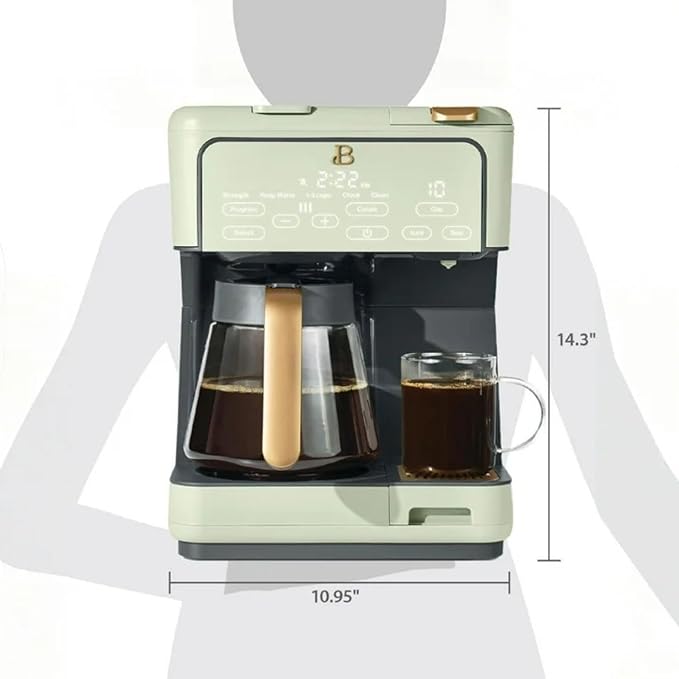 Multi-Brew Coffee Maker 12-Cup Carafe + Single-Serve Pods or Grounds Over Ice Touch Display by Drew Barrymoree. (Sage Green)