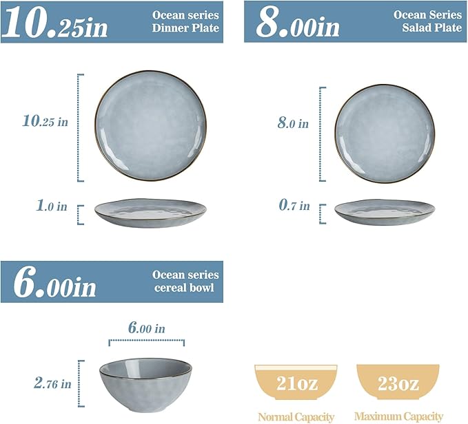 Famiware Ocean Round Plates and Bowls Sets for Kitchen 16-Piece Dinnerware Sets for 4 Mug Set for 4 Reactive Glaze Blue