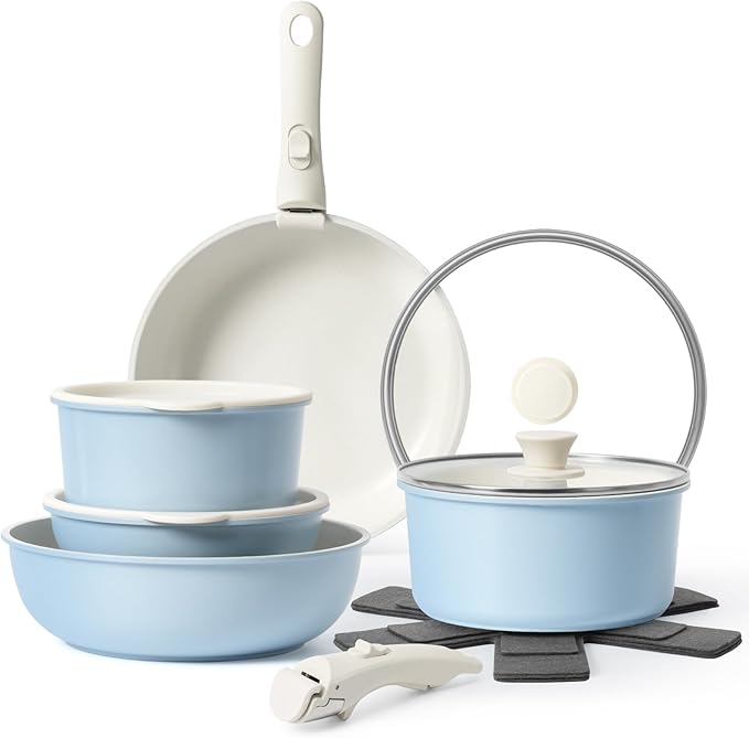 15Pcs Pots and Pans Set Non Stick Cookware Sets with Detachable Handle Nonstick RV Kitchen Cooking Tools Removable Handles Oven Safe Induction Fast Stackable Induction Cookware Blue