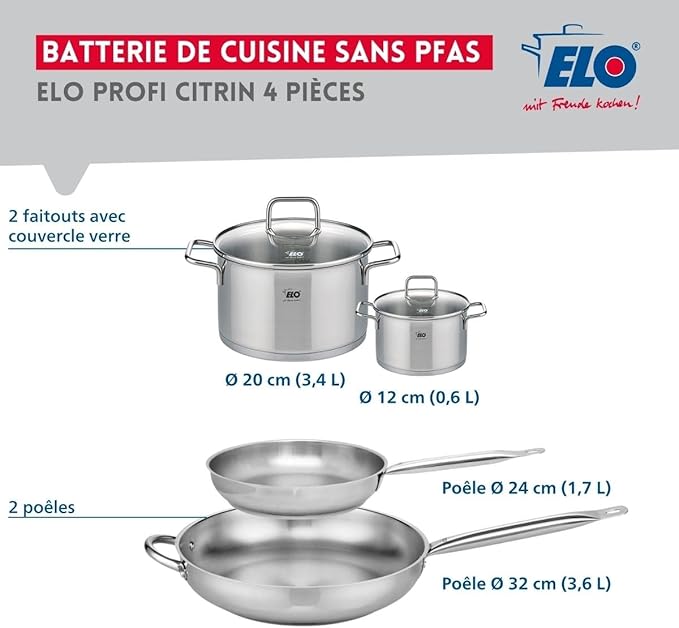 ELO 9505350 Cookware Set 4 Pieces 2 Frying Pans 24 and 32 cm and 2 Saucepans 12 and 20 cm Elo Profi Citrine Stainless Steel Induction