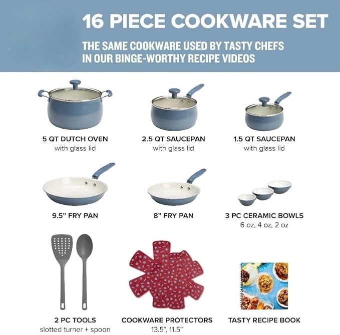 16-Piece Stone Blue Ceramic Non-Stick Pots and Pans Set Home and Kitchen Cookware Induction Compatible Includes Skillets Saucepans Dutch Oven &amp Utensils Dishwasher Safe