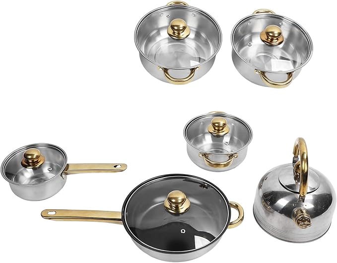 ANGGREK Pan Pot Set Stick Proof Prevent Deformation Cookware Set Stainless Steel for Restaurant (Gold Handle with Kettle)