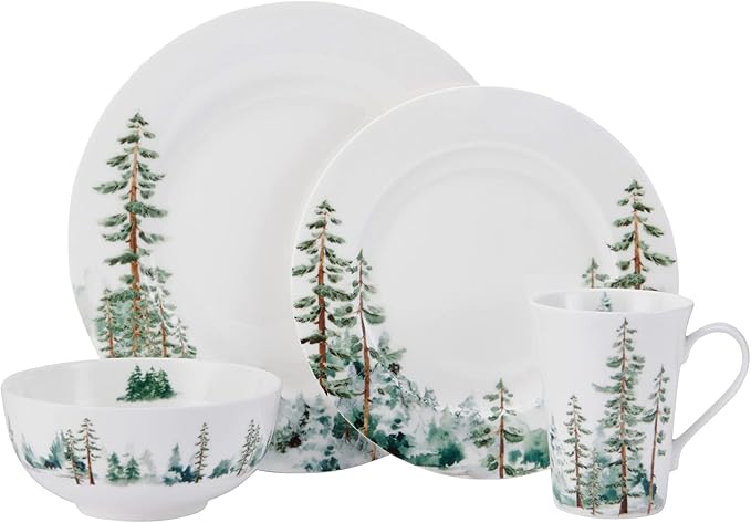 Mikasa Watercolor Forest Bone China Lightweight Chip Resistant 16 Piece Dinnerware Set Service for 4 White