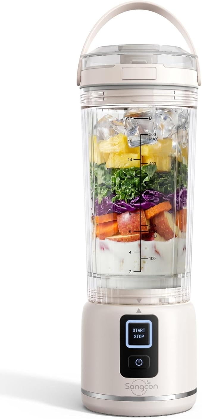 Sangcon Personal Portable Blender for Shakes &amp Smoothies 6000mAh Cordless USB-C Rechargeable Blender with 2 Blend Modes Leakproof Travel Lid Dishwasher Safe Ideal for Gym Office Kitchen BPA-F