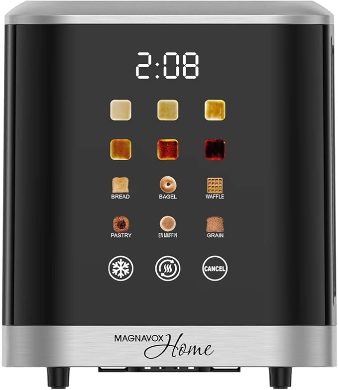 MAGNAVOX HOME 2 Slice Smart Toaster Touchscreen Wide Slot for Bread English Muffins Croissants and Bagels 5 Adjustable Toast Settings Cancel and Defrost 6 Bread Types &amp Shade Settings
