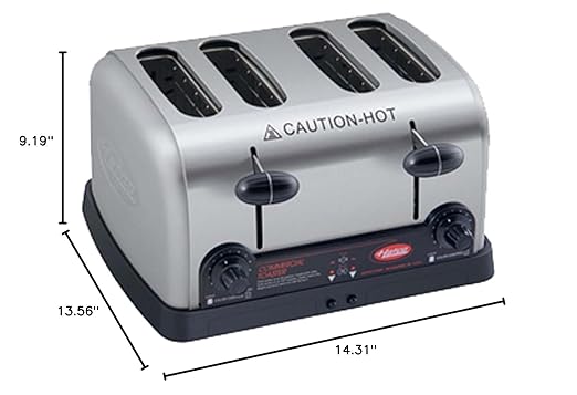 Hatco 4-Slot Pop-Up Toaster | Electric Bread Bagel Warmer with Removable Crumb Tray | 1-1/4 Wide Self-Centering Compartments | 220 Slices/Hour | 13.63W x 8.13H x 12.38D | Stainless | 2600W 208V