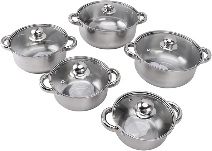 Pilipane Stainless Steel Cookware Set Elegant Multipurpose Kitchen Pots with Glass Lids for Cooking Dishwasher Safe Stainless Steel Material 5pcs Set 16cm 18cm 20cm 22cm 24cm