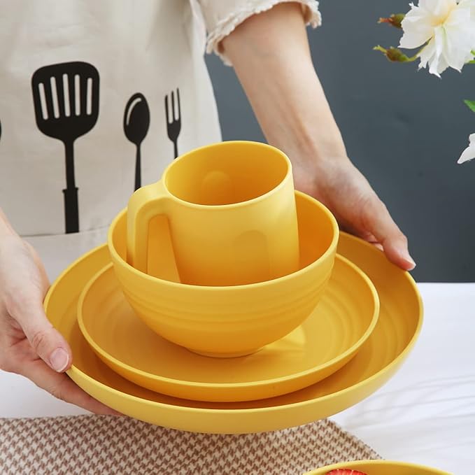 Kyraton Plastic Dinnerware Set of 16 Pieces Unbreakable And Reusable Light Weight Plates Mugs Bowls Dishes Easy to Carry And Clean Microwave Safe BPA Free Dishwasher Safe Service For 4 (Gold Yellow)