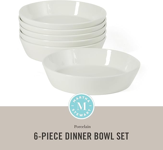 Martha Stewart Selma 6-Piece 41oz 8 Inch Large Pasta Bowls Porcelain Ceramic Chip and Scratch Resistant Shallow Salad Bowl Serving Bowls Soup Bowls Set Dishwasher &amp Microwave Safe White