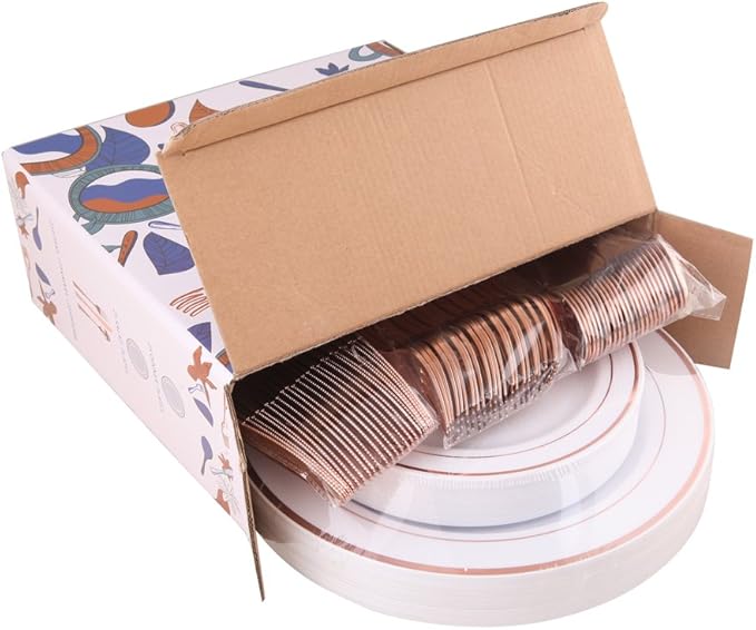 WDF-125PCS Rose Gold Plastic Silverware&ampDisposable Plastic Plates - Disposable Plates include 25 Dinner Plate25 Salad Plate25 Forks 25 Knives 25 Spoons for Wedding Party Birthday