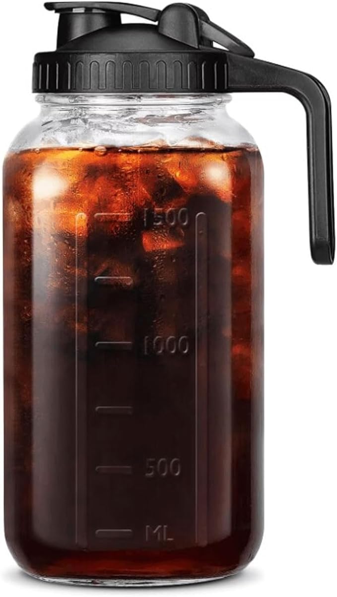 Cold Brew Coffee Maker Pitcher Iced Coffee Maker with Stainless Steel Thick Glass Jar Spout Lid and Handle Dishwasher Safe (2000ml)