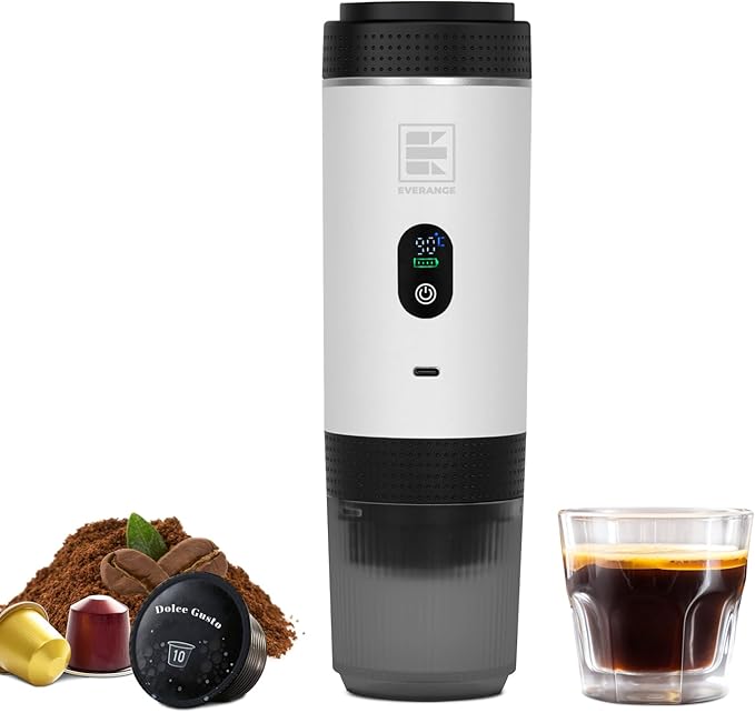 Portable Electric Espresso Machine Travel Coffee Maker Brewer Compatible with Ground Coffee &amp NS Capsules (White with LCD Screen)