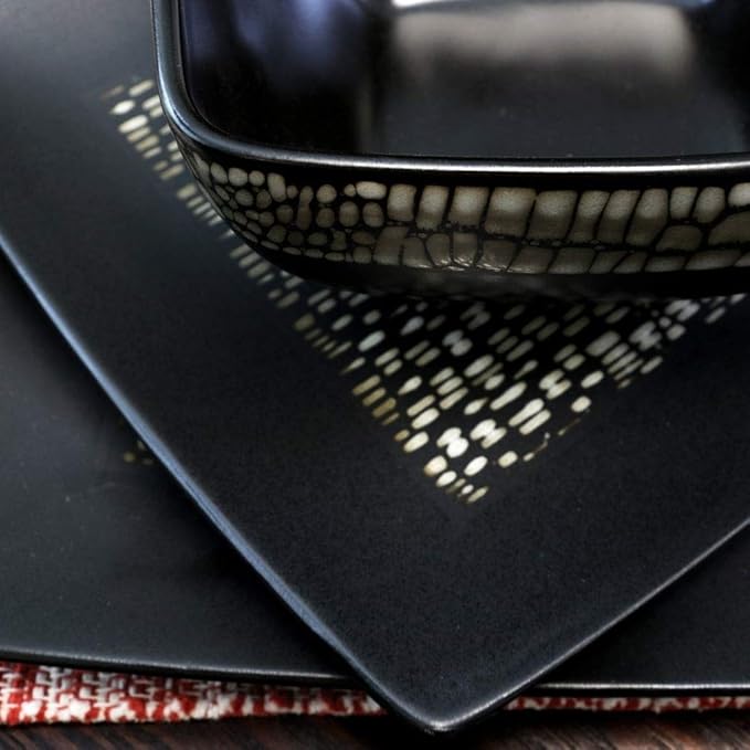 16 Piece Luxurious Square Double Bowl Highly Durable Stoneware Dinnerware Sets Traditional Animal Pattern High Gloss Texture Black Dish Set Dishwasher Safe Lightweight Unbreakable Service for 4