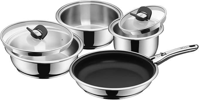 WMF Click&ampServe Induction 7-Piece Saucepan Set Removable Handle Cooking Pot Set with Glass Lid Frying Pan Cromargan Stainless Steel