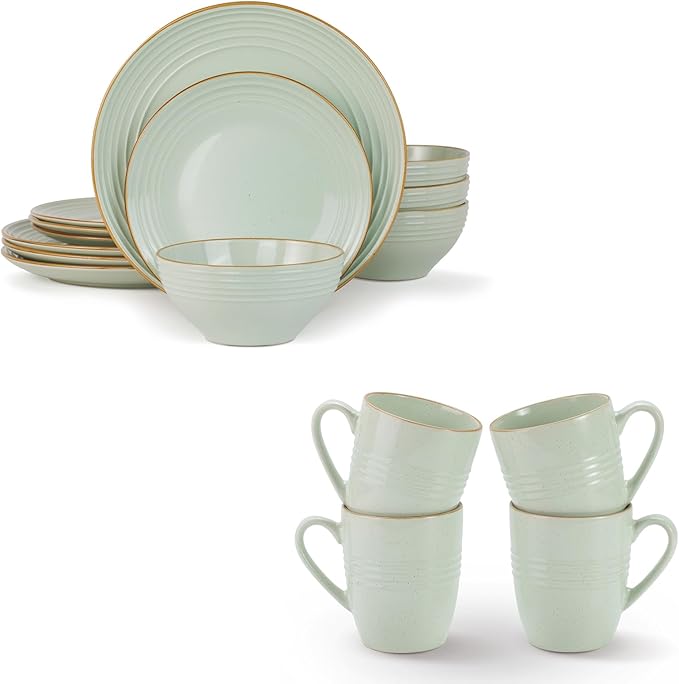 Famiware Jupiter Plates and Bowls Set with Coffee Mugs Set 16 Pieces Dinnerware Sets Light Green