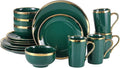 Modern 16 Piece Porcelain Green and Gold Dinnerware Set Stoneware Dinnerware Sets for 4 Plates and Bowls Sets Dish Set with Gold TrimDishes