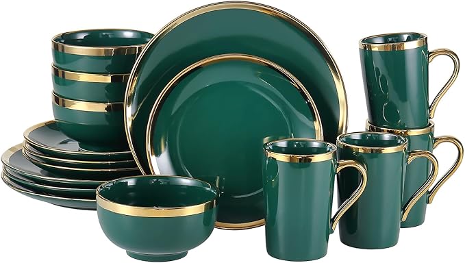 Modern 16 Piece Porcelain Green and Gold Dinnerware Set Stoneware Dinnerware Sets for 4 Plates and Bowls Sets Dish Set with Gold TrimDishes