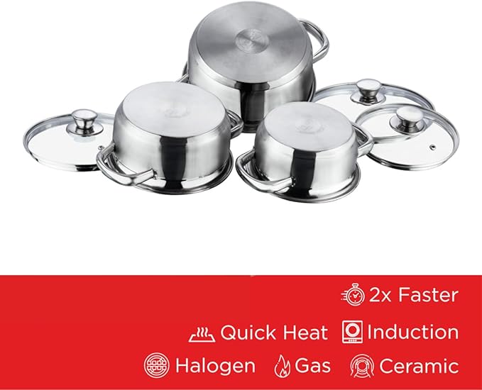 Vinod Bremen Stainless Steel Saucepot Set of 3 with Glass Lid | 2.5mm Thick Base | Riveted Sturdy Handle | | Induction and Gas Base - Silver
