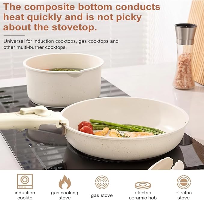 17pcs Pots and Pans Set - Non Stick Cookware Set Detachable Handle Stackable Cookware Set Ceramic Pots and Pans Kit with Cooking Utensils Oven Dishwasher Safe