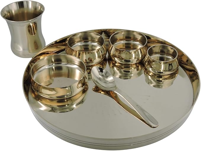 Kansa Thali Set of 7 Pieces Traditional Bronze Dinnerware Set with Plate &amp Bowls Ayurvedic Kansa Utensils for Healthy Eating Indian Dinner Set for Daily Use