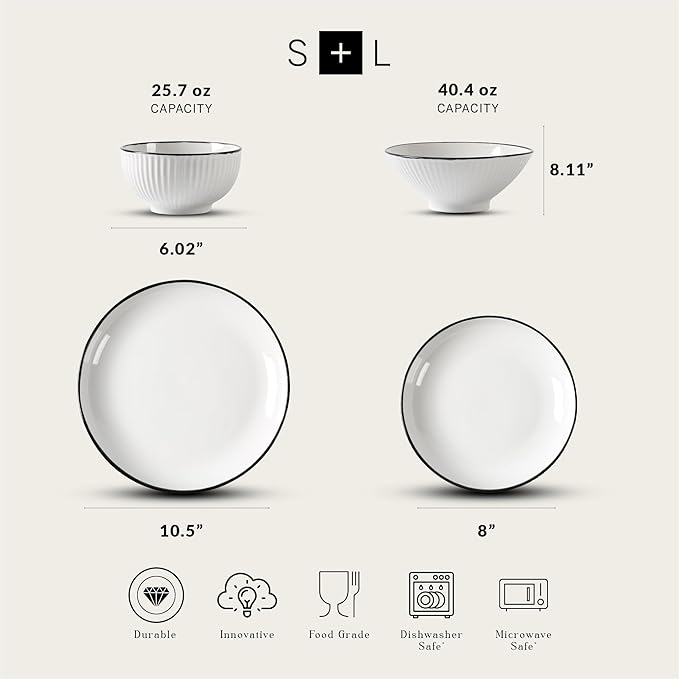 Christian Siriano Lustra Modern 16-Piece Stoneware Dinnerware Set Plates and Bowls Set Dinner and Salad Plates Ramen Bowls Dishes for 4 White