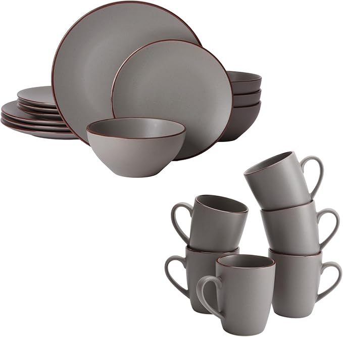 Famiware Venus Plates and Bowls Sets with Coffee Mugs Set 18 Pieces Stoneware Dinnerware Sets Dark Gray