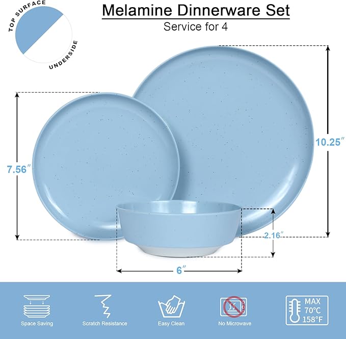 Webbylee 12-Piece Melamine Dinnerware Set for 4 – Unbreakable Plates &amp Bowls Lightweight Two-Tone Blue &amp Beige Ideal for Family Meals Camping Picnic Parties