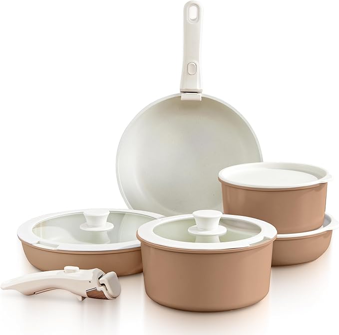 GOURMETIFIC® Pots and Pans Cookware Set [11 PIECES] - Non Toxic Ceramic Coated Cooking Ware - Induction Gas &amp Oven Kitchenware - Non Stick Pot &amp Pan with Removable Handles &amp Stackable (Ta