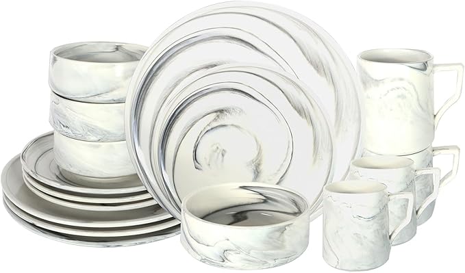 16 Piece Plates and Bowls Sets Fine China Artisan Marbled Dinner Set for 4 Dishwasher Safe Dinnerware Set Scratch Resistant Grey