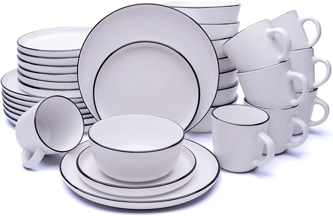 MÜLLERHEIM 903 Minimalist Collection 32-Piece Contemporary Ceramic Stoneware Dinnerware Sets for 8 Matte Frost White Plates and Bowls sets Dinner Plates Set Salad Dish Set Bowls Cup