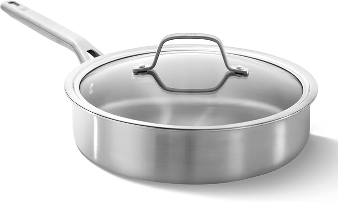 Calphalon Brushed 3-Ply Stainless Steel Cookware Set w/Turbo Heat Tech 3Qt Sauté Pan with Lid Induction Oven Safe 450F Brushed Stainless Silver