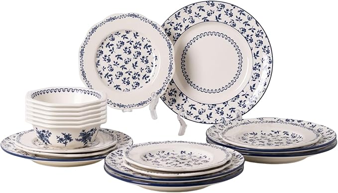 Dinnerware Set Blue Manor 18-Piece Ceramic Dishware Set Underglaze Floral Pattern Premium Porcelain Dish Set for 6 Includes Plates &amp Bowls Dishwasher Safe