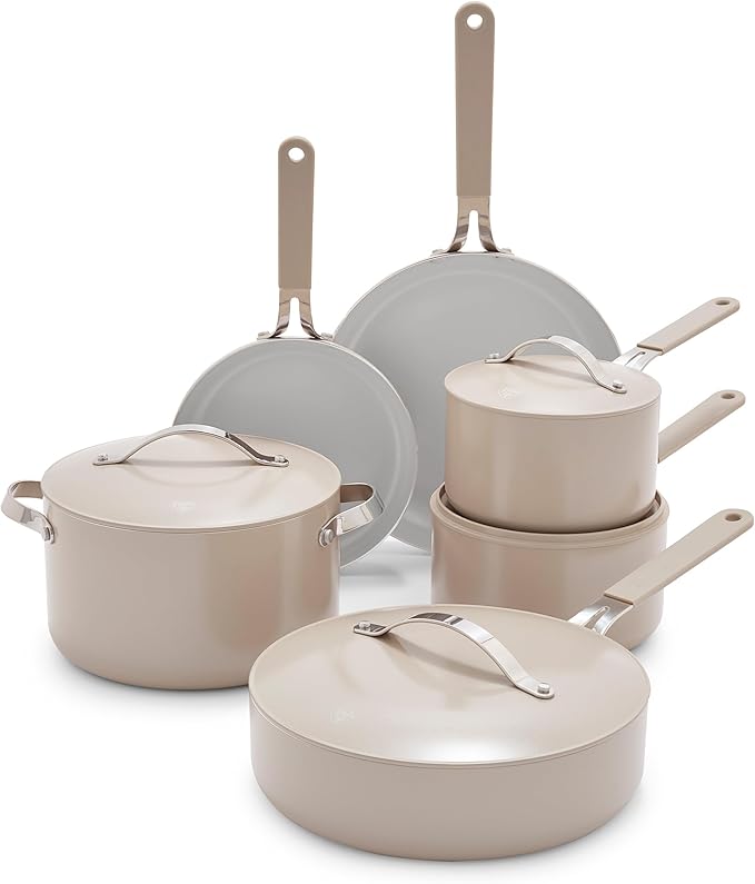 GreenLife 10-Piece Nonstick Ceramic Cookware Set Lightweight Healthy PFAS-Free Pots &amp Pans with Lids Dishwasher &amp Oven Safe Durable Body Silicone Stay-Cool Handles Easy Release Taupe