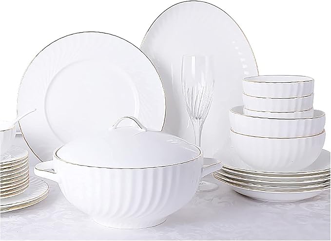 56 Pieces Dinnerware Set White Porcelain Kitchen Fine Bone China Dinner Set with Cereal Bowls Dinner Plate Dessert Plate Deep Soup Plates Fish Plate Dishes Soup Pot